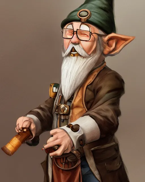 Image similar to A gnomish professor smoking a wooden pipe, visualartzi, anime, steampunk, portrait, concept art by Karla Ortiz, James Paick, Charlie Bowater, Krenz Cushart, highly detailed, ultra detailed, ultra realistic, trending on artstation, cgstudio