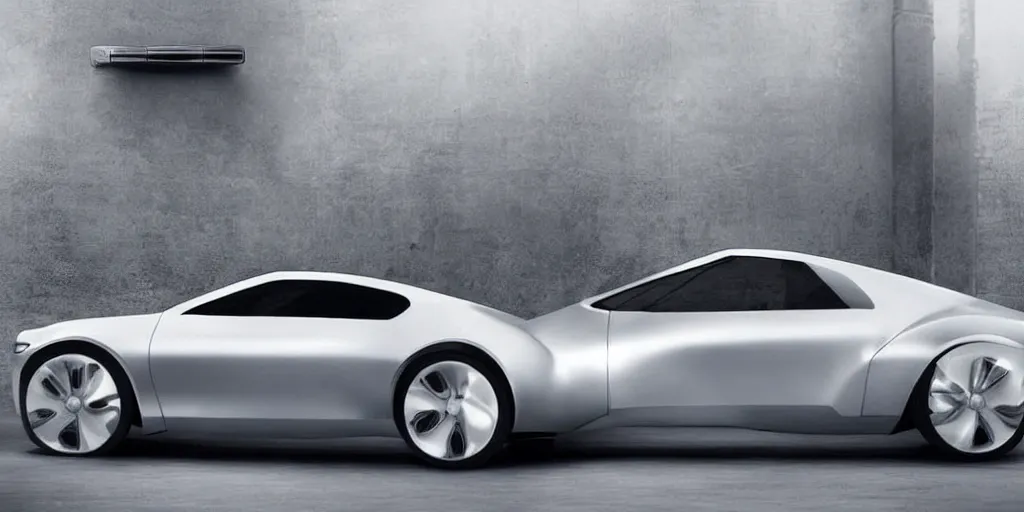 Image similar to a futuristic minimal silver sports car sedan designed by Apple, Jonny I’ve and Steve Jobs.