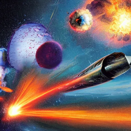 Prompt: photo of an alien world exploding, there is a ship that just barely escapes, hyperrealism