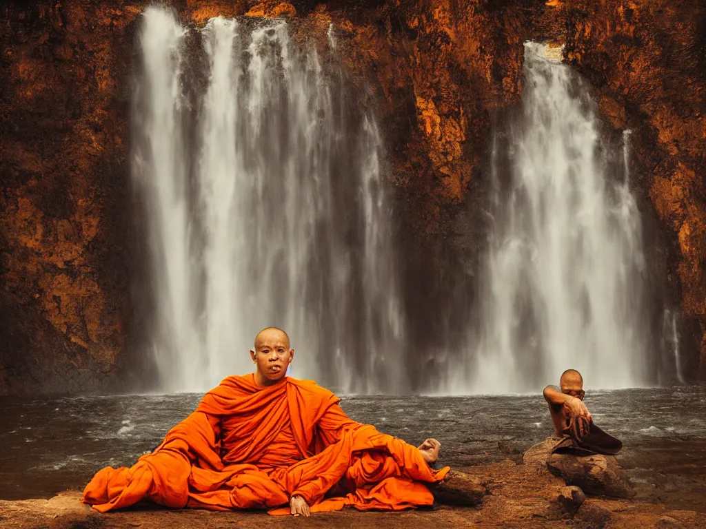 Image similar to dang ngo, annie leibovitz, steve mccurry, a simply breathtaking shot of mediating monk in orange, giantic waterfall, bright moonlight, golden ratio, wide shot, symmetrical