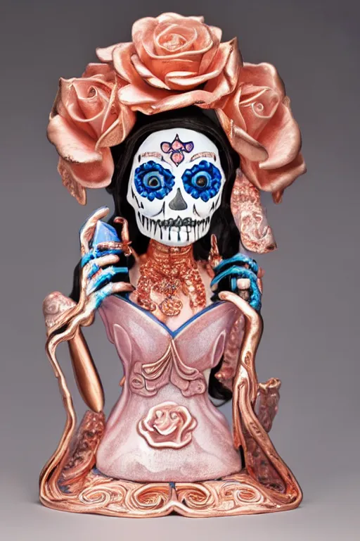 Prompt: an polished texturized sculpture of La Catrina in rose gold and white and blue chinese porcelain by kris kuksi