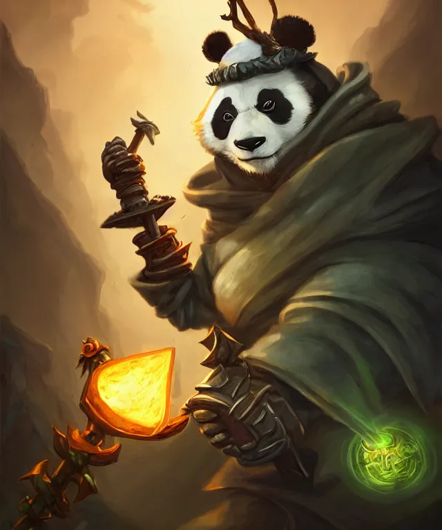 Image similar to a portrait an anthropomorphic panda warlock holding a staff, wearing warlock robes with spiked shoulders, landscape in background, dnd character art portrait, world of warcraft style, by peter mohrbacher, cinematic lighting