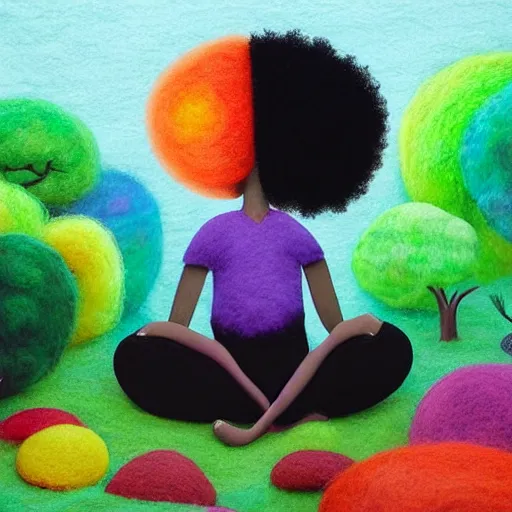 Prompt: a black girl with a colorful afro and big beautiful eyes meditating in an african zen garden with a waterfall!!, bokeh!, bright colors, synthwave, watercolor, volumetric wool felting, felt, macro photography, children illustration, by goro fujita