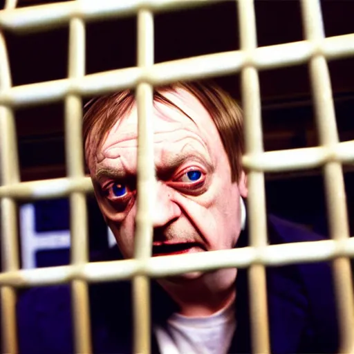 Image similar to mark e smith in a cage at the pet store, he is for sale, 4 k