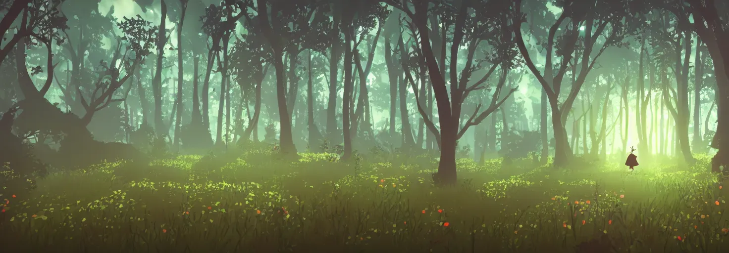 Prompt: distant tree silhouettes, magical enchanted forest, parallax background layer from a gorgeous indie platform game