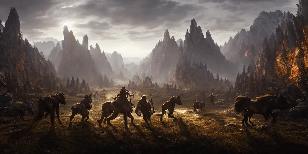 Image similar to the elder scrolls vi, epic battle scene in the mountain valley, atmospheric lighting, painted, intricate, volumetric lighting, beautiful, daytime, sunny weather, slight overcast, golden hour, sharp focus, deep colours, ultra detailed, by leesha hannigan, ross tran, thierry doizon, kai carpenter, ignacio fernandez rios