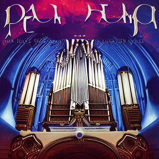 Image similar to pipe organ space opera album cover, style of john harris, david hardy, michael okuda, vincent di fate, rongier, dramatic lighting, detailed, gothic, ornate, symmetrical, kafka