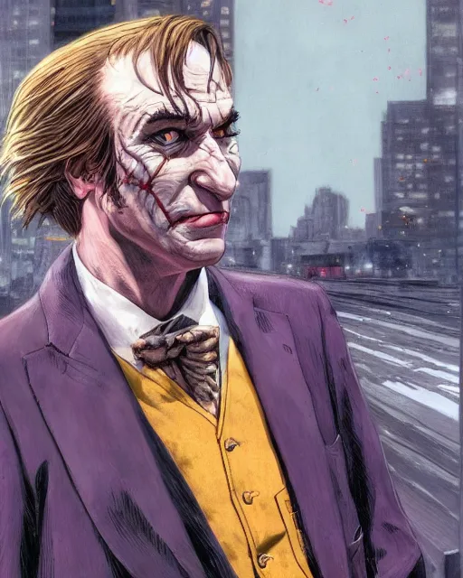 Image similar to portrait of saul goodman as the joker, portrait photography, art by makoto shinkai and peter elson, bernie wrightson