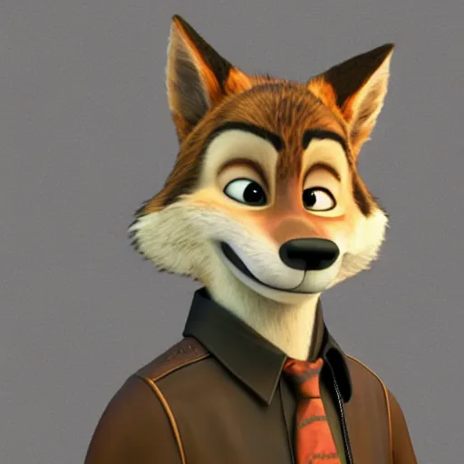 Image similar to portrait, 3d render , anthropomorphic wolf male , wearing along brown leather jacket , in the style of Zootopia