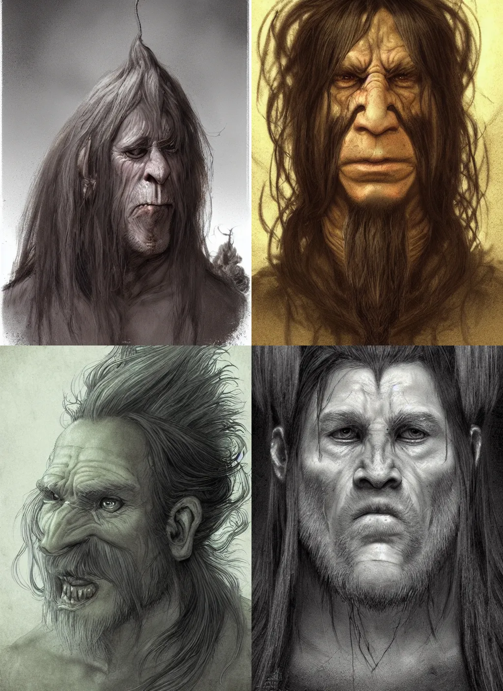 Prompt: portrait of a troll with long hairs in alan lee and marc simonetti and emil melmoth style , cinematic lighting