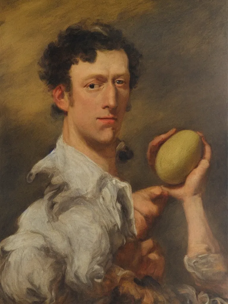 Prompt: a portrait of Ben Stokes holding a cricket ball, in the style of Thomas Gainsborough, classical art, master piece, oil on canvas