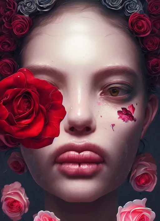 Prompt: portrait of a female face with roses instead of eyes. roses, intricate abstract upper body intricate artwork, by tooth wu, wlop, beeple, dan mumford. concept art, octane render, deviantart, greg rutkowski, cinematic arthouse, key art, hyper realism, iridescent accents