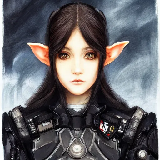 Image similar to portrait of an elf girl by ayami kojima, she is about 2 0 years old, mixture between british and japanese, black bob hair, and she is wearing a modern tactical gear, scifi, highly detailed portrait, digital painting, artstation, concept art, smooth, sharp foccus ilustration, artstation hq