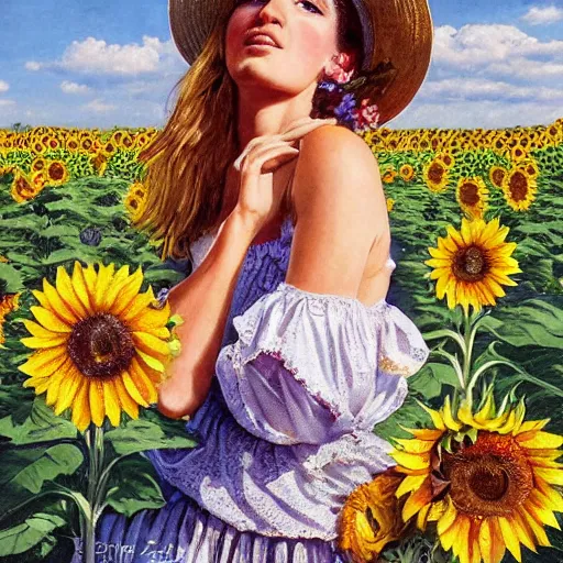 Image similar to a beautiful farm girl in a field of sunflowers, beautiful day, by hans zatzka