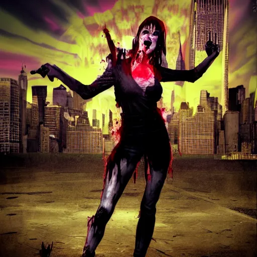 Prompt: angry zombie full body portrait of milla jovovich, new york city background, grimdark horror, stylized digital illustration, radiating a glowing aura, global illumination, ray tracing, hdr, fanart arstation by ian pesty and katarzyna bek - chmiel