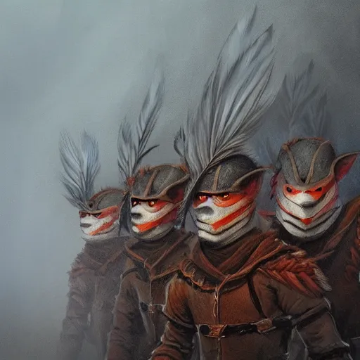 Image similar to a row of soldiers in the mist, dense fog ashigaru aztec mice with feather plumes, dramatic cinematic lighting, menacing, detailed concept painting trending on art station, by brian froud, by deak ferrand, grey, blue, orange-red