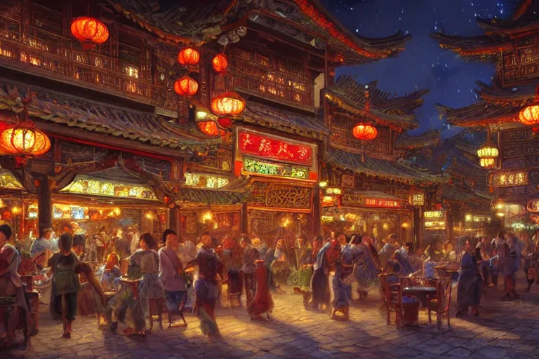 Prompt: fantasy art of a bustling tavern in china, at night, by ralph horsley, highly detailed digital art, trending on artstation