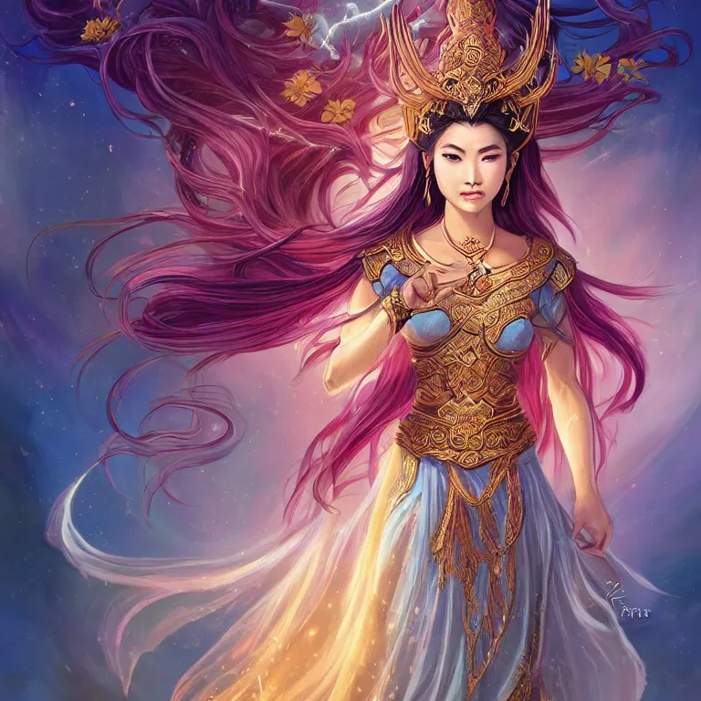 Image similar to beautiful cinematic fantasy poster, a beautiful vietnamese goddess warrior wearing a long flowy ao yai with enbroidered flowers with flowing illuminated hair throwing a banh mi towards camera, beautiful glowing galaxy eyes, wideshot ultrawide angle epic scale, hybrid from The Elden Ring and art direction by Darius Zawadzki ;by artgerm; wayne reynolds art station; cinematic quality character render; low angle; ultra high quality model; production quality cinema model;