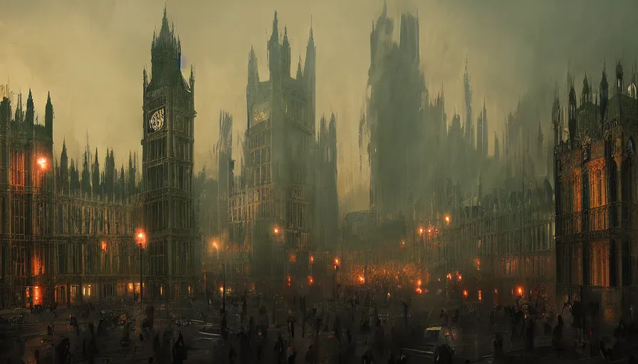 Prompt: neo - gothic london's with crowded place, night, hyperdetailed, artstation, cgsociety, 8 k