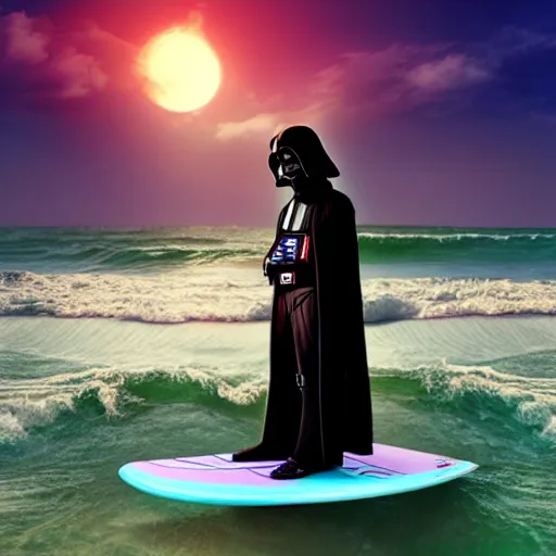 Image similar to darth plagueis the wise on a surfboard at sunset, vaporwave aesthetic, highly detailed