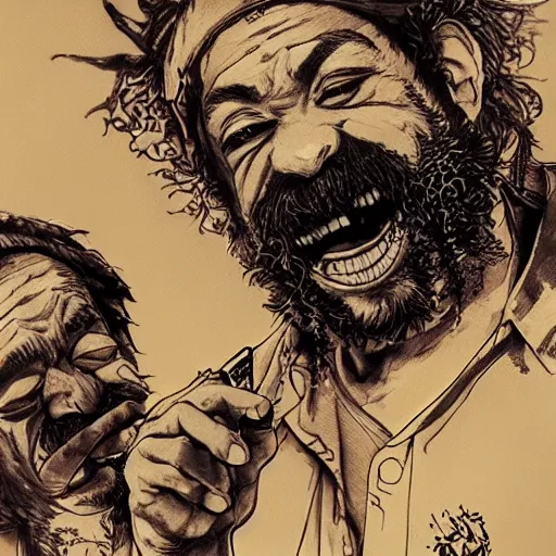 Image similar to portrait of cheech and chong smoking weed, smoke, concept art, sumi - e style, intricate linework, artstation, trending, highly detailed, smooth, focus, art by yoji shinkawa,