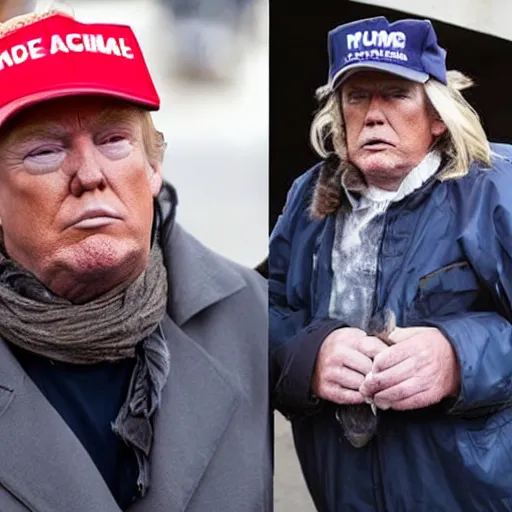 Image similar to donald trump dressed as a homeless man asking for money on the streets