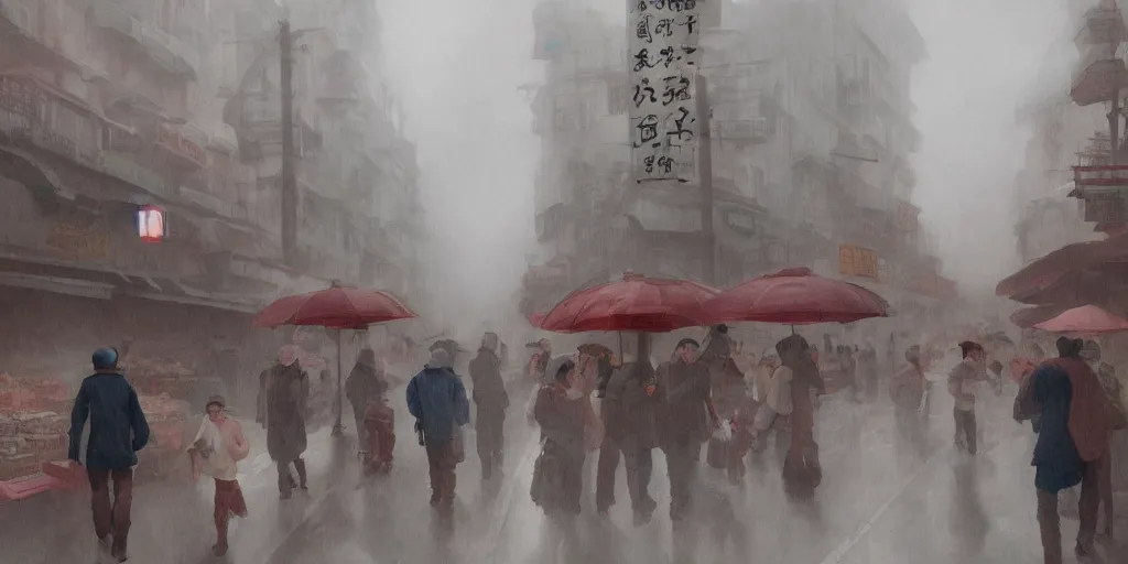 Prompt: morning market in chinatown, foggy rainy day, matte painting, studio ghibli, artstation