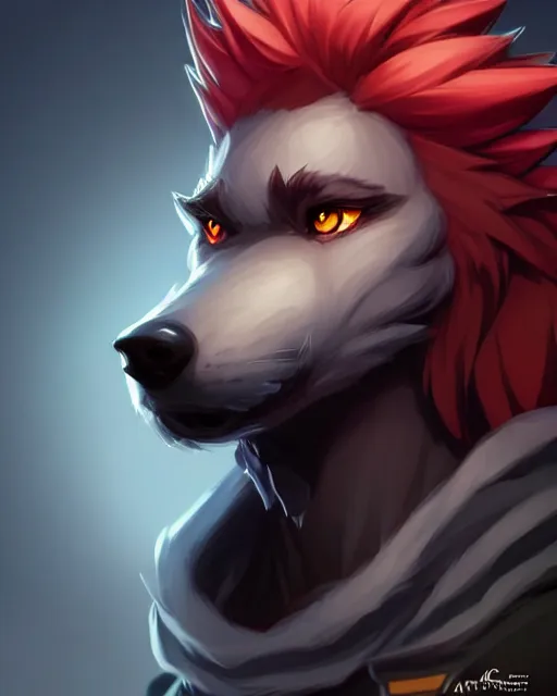Image similar to character concept art of a black anthropomorphic furry male wolf with red hair | | cute - fine - face, pretty face, key visual, realistic shaded perfect face, fine details by stanley artgerm lau, wlop, rossdraws, james jean, andrei riabovitchev, marc simonetti, and sakimichan, trending on artstation