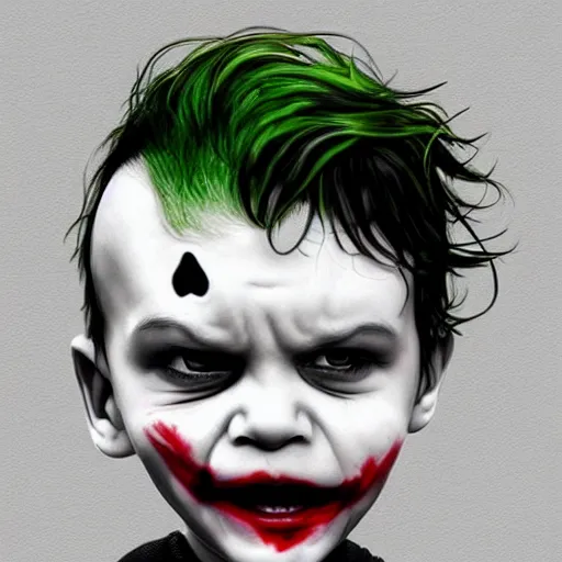 Prompt: oversized head cute baby joker, hyperrealism, trending on artstation, art by tiago da silva