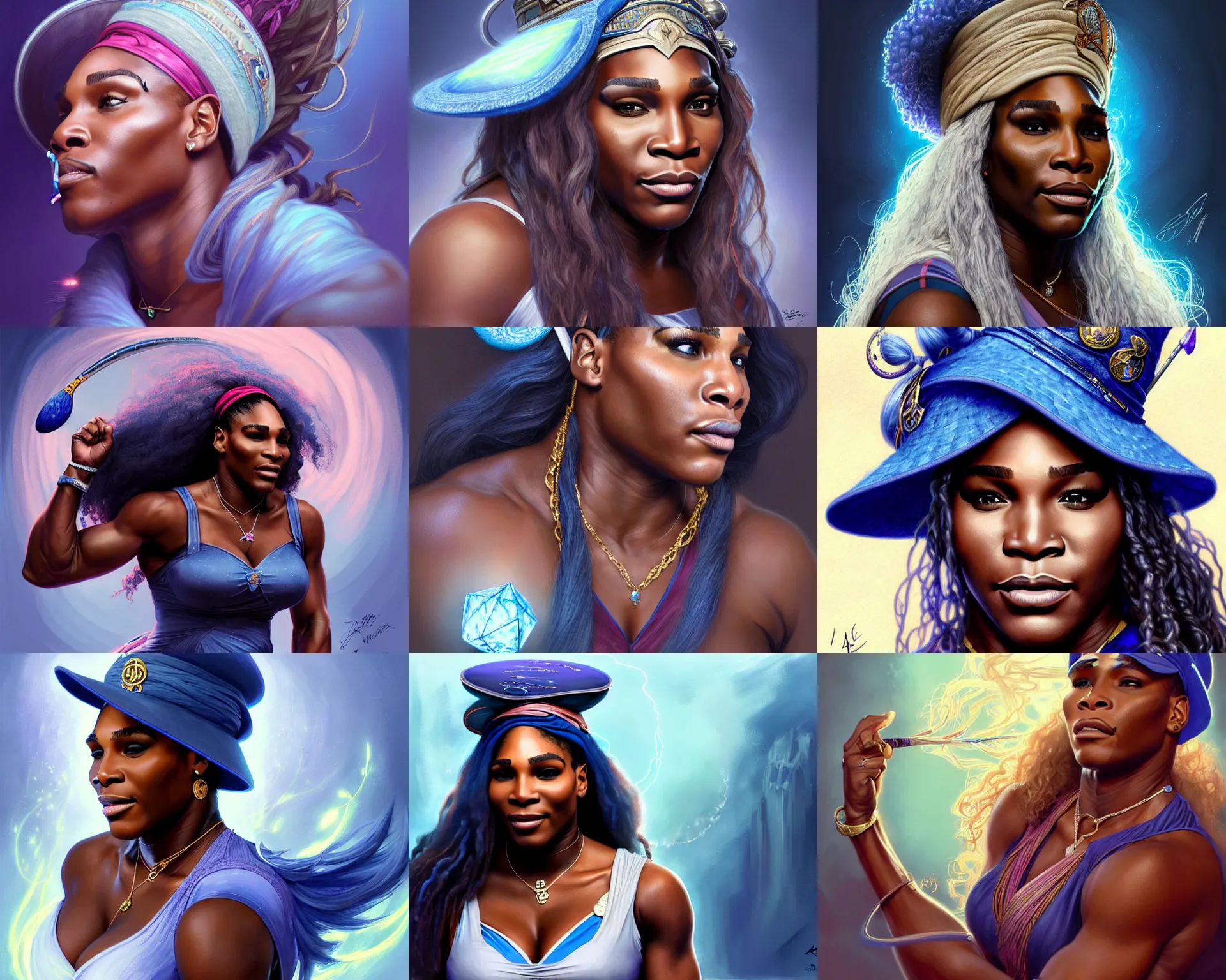 Prompt: mindblowing portrait of serena williams as a wizard, blue wizard hat, deep focus, d & d, fantasy, intricate, elegant, highly detailed, digital painting, artstation, concept art, matte, sharp, illustration, hearthstone, art by artgerm and greg rutkowski and alphonse mucha