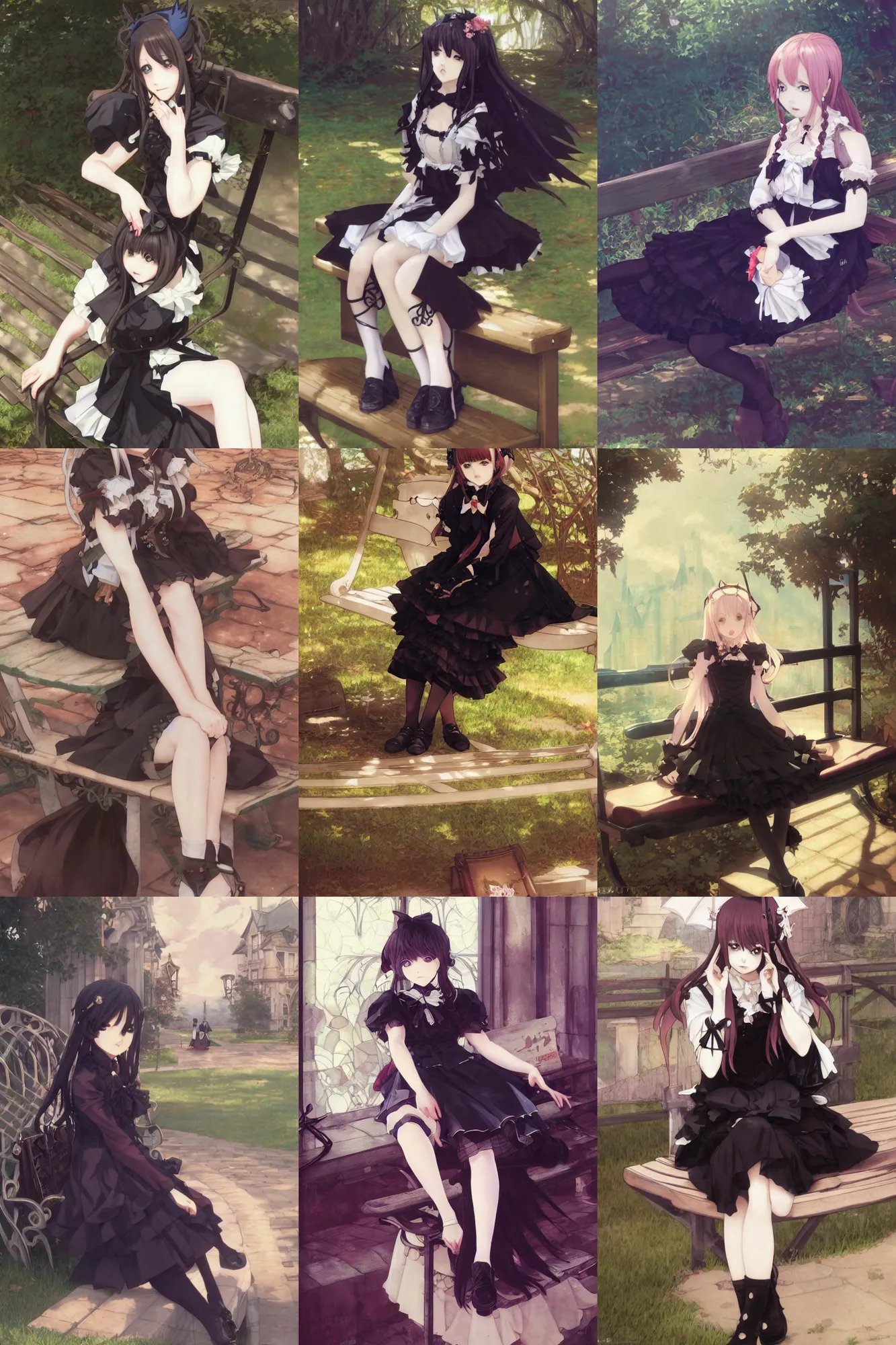 Prompt: anime girl in a black gothic lolita dress, sitting on a bench, by krenz cushart and mucha and akihito yoshida and greg rutkowski, detailed eyes, 4 k resolution