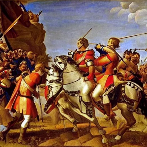 Prompt: a renaissance painting of napoleon's army and the roman army fighting.