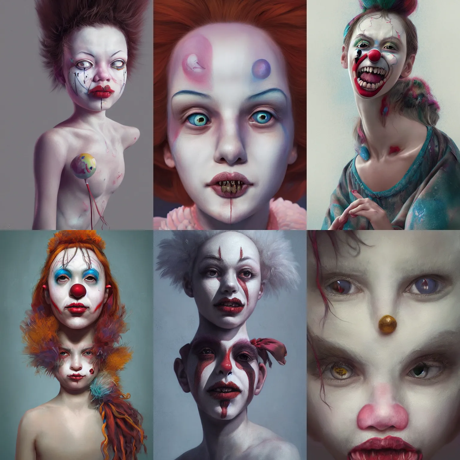 Prompt: breathtaking detailed painting of clown girl , with anxious, piercing eyes, art by Hsiao-Ron Cheng, hyperrealistic, octane render, ambient light, dynamic lighting