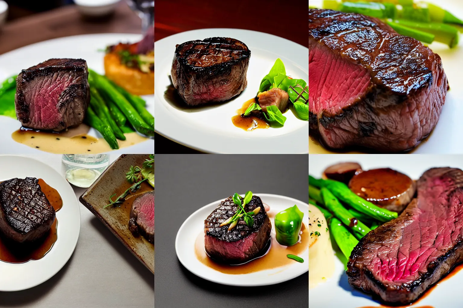 Prompt: a well-seared filet mignon, medium rare, food photography, michelin star restaurant