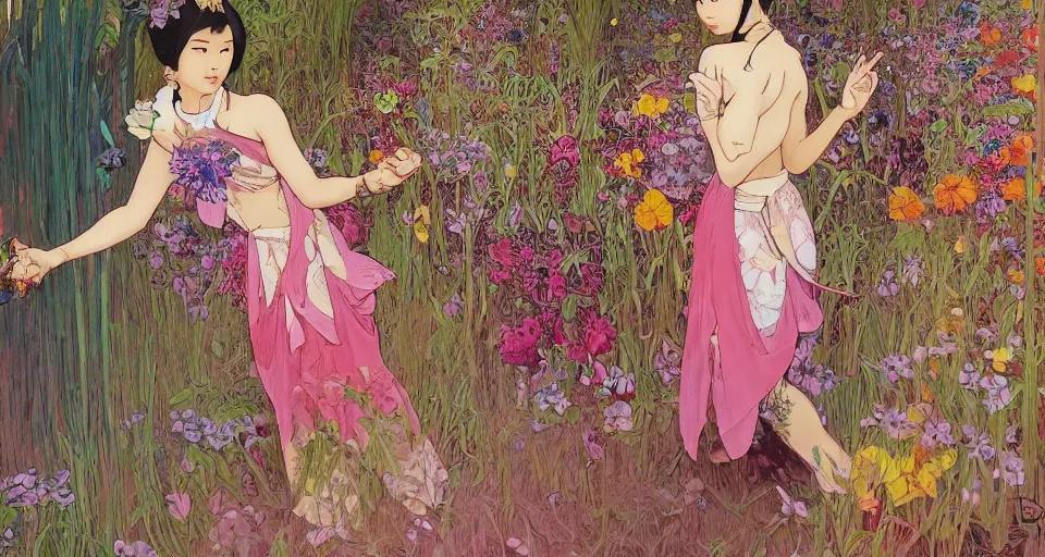 Image similar to oil painting, long shot, beautiful floralpunk thai girl illustration walking in a park, detailed patterns art of thai traditional dress, flower pop art, floral splash painting, art by ashley wood, alphonse mucha, makoto shinkai, geof darrow, dark shadow