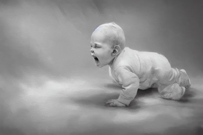 Prompt: concept art of a squealing white baby. by ashley wood and j. m. w. turner, speed painting, photo bash, cinematic angle, super detailing,