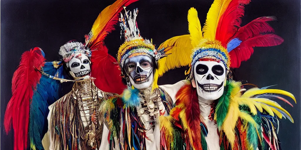 Image similar to ney matogrosso with paint on face, feathers, leather, lace, gold wings on head, tibetan skeleton dancer, painting by gottfried helnwein, max ernst