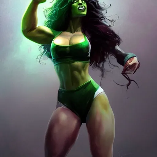 Image similar to she hulk, played by scarlett johannson, beautiful, cinematic, head and shoulders, trending on artstation, digital art, hyper realistic, striking pose, by greg rutkowski