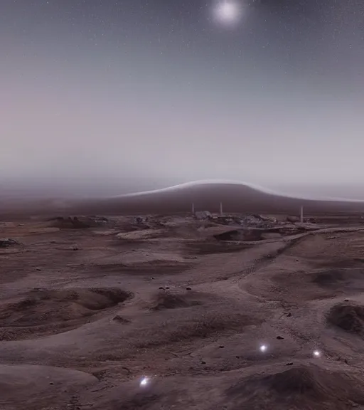 Image similar to hyperealistic render of a white bioremediation architecute in the mining tailings in atacama desert filled with stars at night, hazy and misty, magical feeling, uhd, high detail, corona render, unreal engine, ue 5, vray