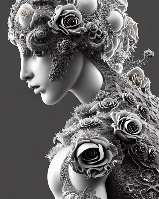 Image similar to bw dreamy close - up profile face, beautiful young porcelain intricate steampunk bio - mechanical vegetal - dragon - cyborg - female, white roses ornate metallic armour, white fluffy feathers, fine mandelbrot fractal lace, 1 5 0 mm, soft rim light, elegant, hyper real, ultra detailed, octane render, hg giger, 1 6 k