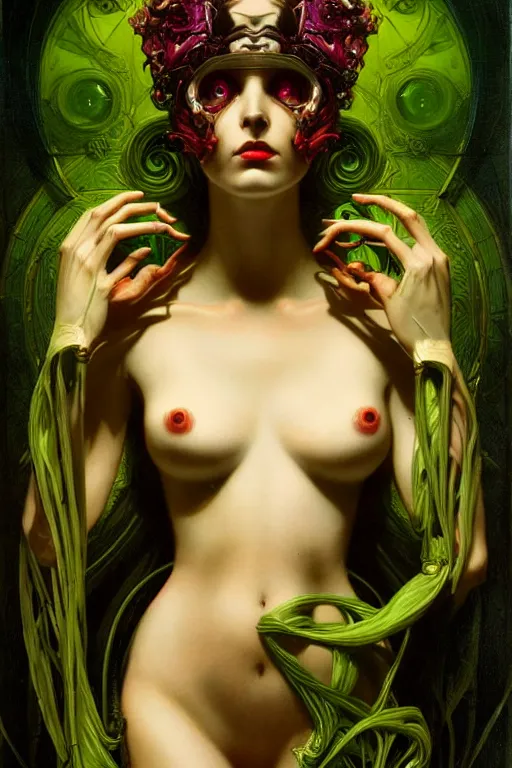 Image similar to beautiful evil cybernetic goddess by steichen in the style of a modern tom bagshaw, alphonse muca, victor horta, gaston bussiere. anatomically correct. extremely lush detail. masterpiece. melancholic scene infected by night. perfect composition and lighting. sharp focus. high contrast lush surrealistic photorealism. sultry expression.