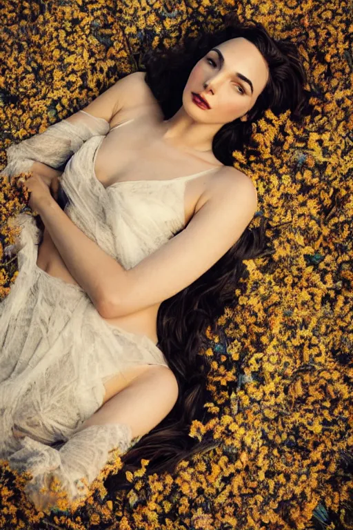 Image similar to full body fine art photo of the beauty gal gadot, she is lying down and covered by dried flowers, taken by oleg oprisco