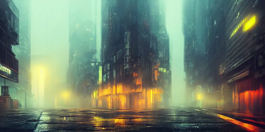 Prompt: deserted narrow cyberpunkstyle city street, fog, rain, neon sign, volumetric lighting, beautiful, golden hour, sharp focus, ultra detailed, cgsociety