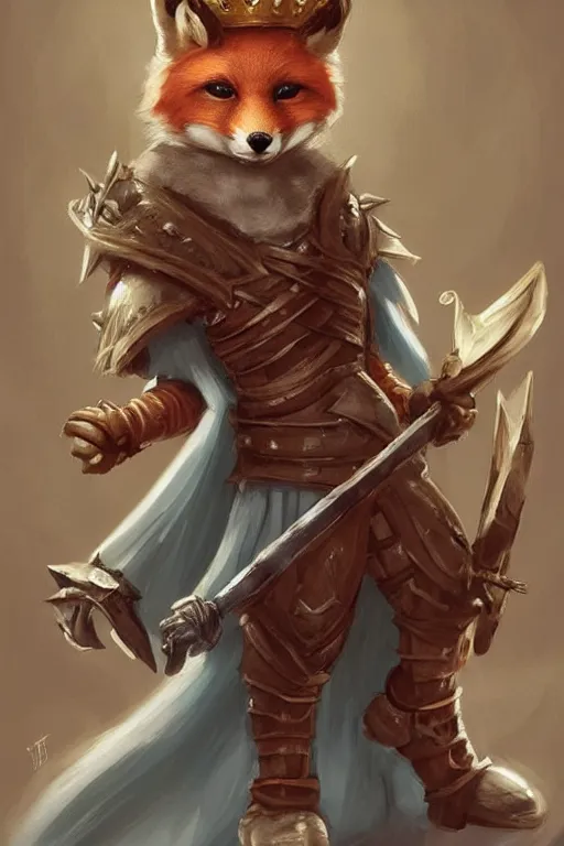 Image similar to cute little anthropomorphic foxy knight wearing a cape and a crown, tiny, small, miniature fox, baby animal, short, pale blue armor, cute and adorable, pretty, beautiful, DnD character art portrait, matte fantasy painting, DeviantArt Artstation, by Jason Felix by Steve Argyle by Tyler Jacobson by Peter Mohrbacher, cinematic lighting