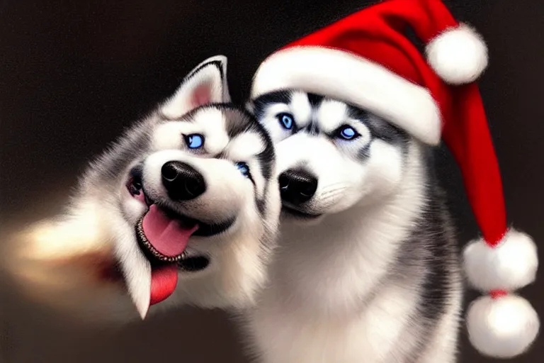 Image similar to cute husky puppy wearing a christmas hat, hyper detailed, digital art, artstation, cinematic lighting, studio quality, smooth render, by caravaggio, artgerm, greg rutkowski, craig mullins