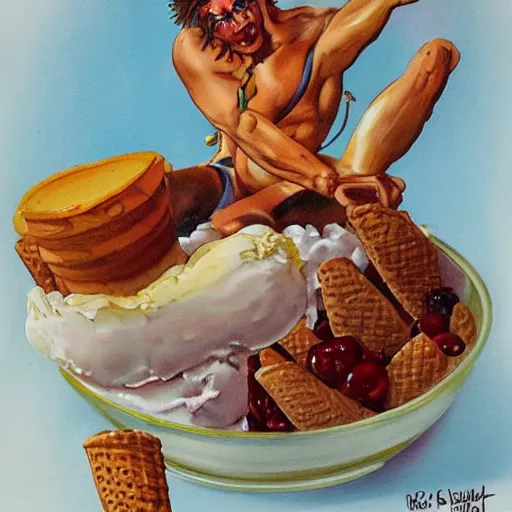 Image similar to epic ice - cream sundae in the style of boris vallejo