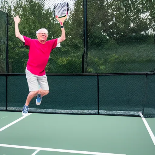 Prompt: an old man white hair and circular glasses holding a pickleball paddle and jumping in the air, 8 k photograph
