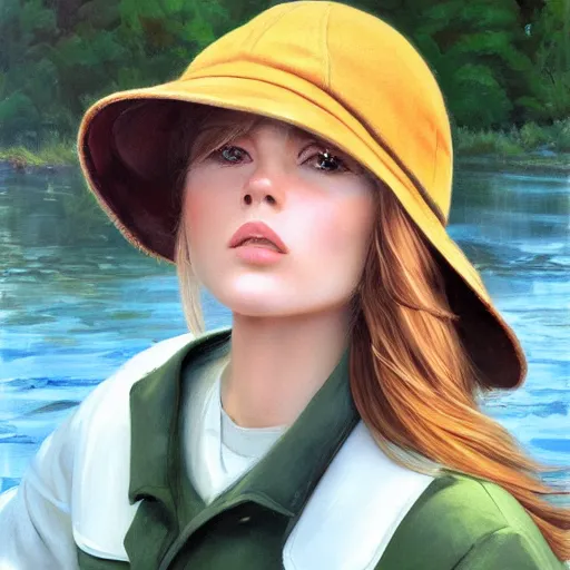 Prompt: oil painting by ilya kuvshinov,, baugh casey, artgerm craig mullins, coby whitmore, of a youthful white girl, long hair, fishing and wearing fisherman's outfit, fisherman's hat, highly detailed, breathtaking face, studio photography, noon, intense bounced light, water reflection, large tree casting shadow, serine intense sunlight