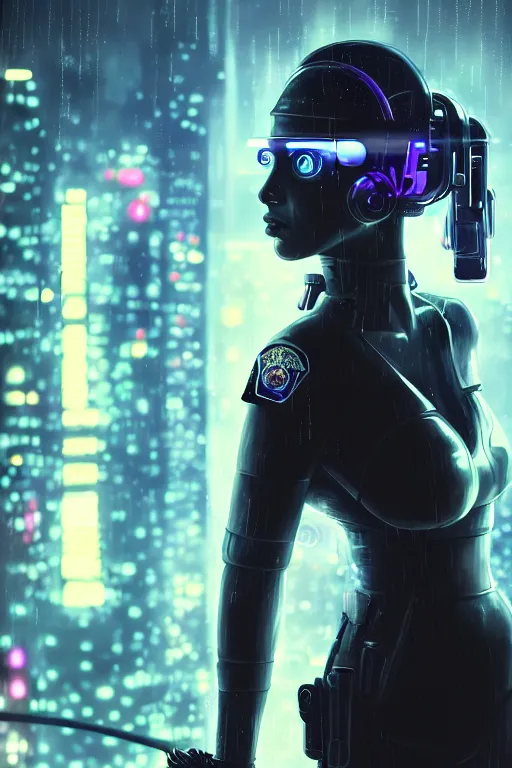 Prompt: portrait futuristic beautiful cyberpunk female weaponed police, in heavy rainning futuristic tokyo rooftop cyberpunk night, ssci-fi, fantasy, intricate, very very beautiful, elegant, neon light, highly detailed, digital painting, artstation, concept art, soft light, hdri, smooth, sharp focus, illustration, art by tian zi and craig mullins and WLOP and alphonse mucha