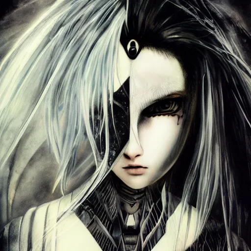 Image similar to Yoshitaka Amano realistic illustration of an anime girl with wavy white hair, black eyes and cracks on her face wearing Elden ring armour with the cape fluttering in the wind, abstract black and white patterns on the background, noisy film grain effect, highly detailed, Renaissance oil painting, weird portrait angle